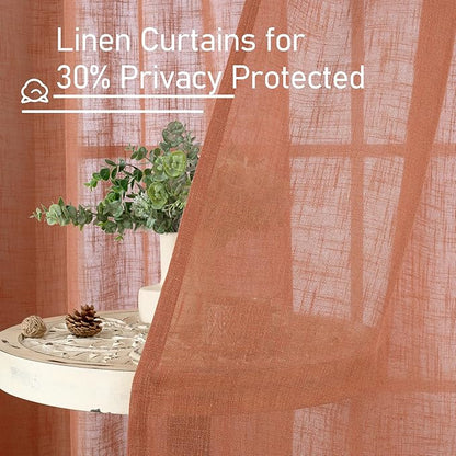 LAMIT Light Filtering Linen Curtains 54 inches Long for Bedroom, Linen Textured Semi Sheer Bronze Grommet Boho Drapes for Living Room, Terracotta, 2 Panels, 52 x 54 Inch
