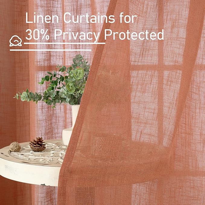 LAMIT Terracotta 72 inch Linen Curtains 2 Panels Set for Living Room, Soft Thick Linen Semi Sheer Light Reducing Bronze Grommet Window Treatments Neutral Drapes for Bedroom, 52 x 72 Inch