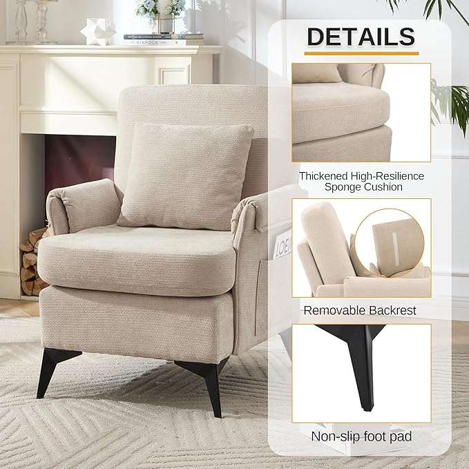 KCC Mid-Century Accent Chairs Set of 2,Chenille Modern Upholstered Single Sofa,Cozy Armchair with Back for Bedroom/Office/Cafe,Begie