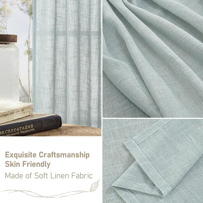 LAMIT Greyish Blue Linen Curtains 45 Inches Long for Bedroom, Light Filtering Panels Bronze Grommet Neutral Drapes for Kitchen/Window/Loft Room, 52 x 45 Inch, 2 Panels