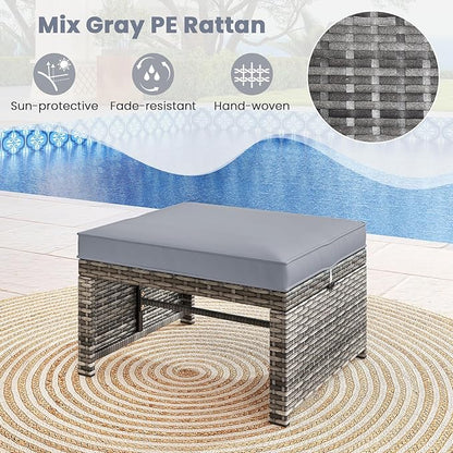 Tangkula 2 Pieces Patio PE Rattan Ottomans, Multipurpose Outdoor Footstool Footrest Additional Seating Side Table with Soft Zippered Cushions for Deck, Garden, and Yard (Gray)