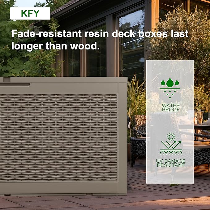 100 Gallon Outdoor Deck Box,Storage Lockable Waterproof Patio Furniture,Garden Tools,Cushions,Pool Accessories Outside Storage Resin Box(Grey)