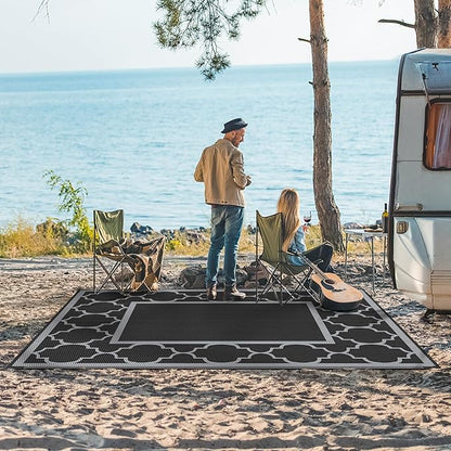 GENIMO 4 ' x 6 ' Outdoor Rug for Patio, Waterproof Indoor Outdoor Plastic Straw Rugs Carpet, Reversible Outside Area Mat for Camping, Balcony Porch, Deck, Picnic, Beach Black Grey