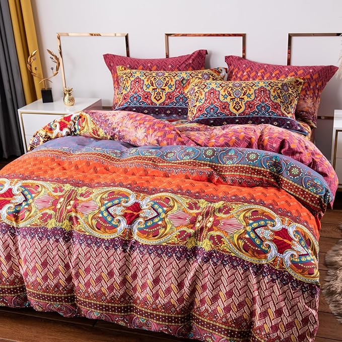 ABREEZE Bohemian Duvet Cover Set Colorful Orange Boho Retro Bedding Set Damask Paisley Cotton Duvet Cover Tribal Reversible Bedding Exotic Style Comforter Cover 3-Piece Full