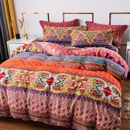 ABREEZE Bohemian Duvet Cover Set Colorful Orange Boho Retro Bedding Set Damask Paisley Cotton Duvet Cover Tribal Reversible Bedding Exotic Style Comforter Cover 3-Piece Full