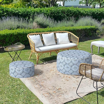 LVTXIII Outdoor Inflatable Ottoman, Fade-Resistant Round Footrest Stool D31”x H14”, Portable Patio Pouf for Garden Camping or Home Use, Medallion Blue