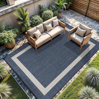 CAMILSON Outdoor Rug 9x12, Large Modern Outside Rugs for Patios Porches Waterproof Durable Washable Non-Shedding, Easy-to-Clean Indoor Outdoor Area Carpet (9 x 12, Bordered - Blue/White)