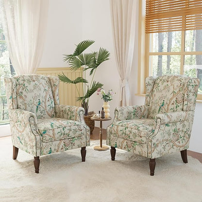 Lumibee Wingback Accent Chair, 2 Set High Back Floral Armchairs in Fabric,Comfy Upholstered Reading Single Sofa Chairs with Solid Wood Legs for Living Room,Bedroom,Office-Bird