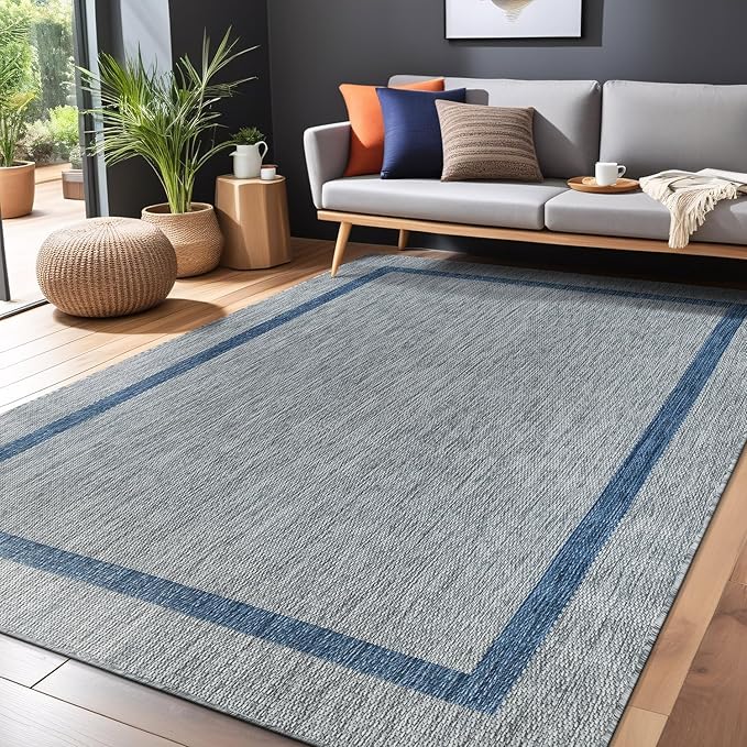 Bordered Outdoor Rug 5x7 Washable Outside Carpet for Indoor Patio Porch Waterproof Easy Cleaning Non Shedding Area Rugs Silver Gray - Blue 5 x 7