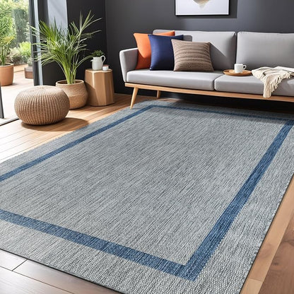 Bordered Outdoor Rug 5x7 Washable Outside Carpet for Indoor Patio Porch Waterproof Easy Cleaning Non Shedding Area Rugs Silver Gray - Blue 5 x 7