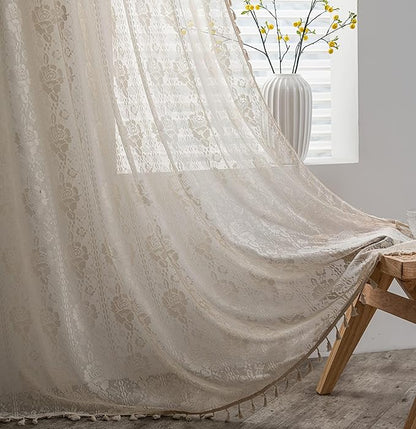 Sutuo Home Boho Kitchen Curtains Crochet Florals Embroidery, Bohemian Sheer Lace Curtains Handmade Knitted Tassels Vintage Chic Farmhouse Drape for Nursery Bedroom Rod Pocket 1 Panel 59" W x 63" L