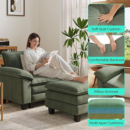 LINSY HOME Sofa Chair with Movable Ottoman - Corduroy Cloud Couch Chair Soft Comfy Modern Sofa Chaise Single Sleeper Chair Bed for Living Room Apartment Office, Green