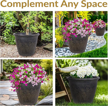 Sunnydaze 24-Inch Anjelica Large Plastic Pot for Plants - Outdoor Polyresin Round Planter with Drillable Drainage Holes - Sable - 2pk