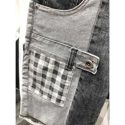 Summer Gray Denim Patchwork Plaid Hip-Hop Shorts