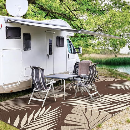 GENIMO Outdoor Rug 10' x 14' Waterproof for Patios Clearance, Reversible Outdoor Plastic Straw Camping Rug Carpet, Large Area Rugs Mats for RV, Camper, Deck, Balcony, Porch, Beach, Coffee&Beige