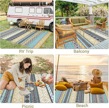 GAOMON Outdoor Rug for Patio 5'x8' Reversible Plastic Rugs Camping Mat for Outdoor, RV, Backyard, Deck, Balcony, Picnic, Beach, Teal/Yellow(Bohemia)