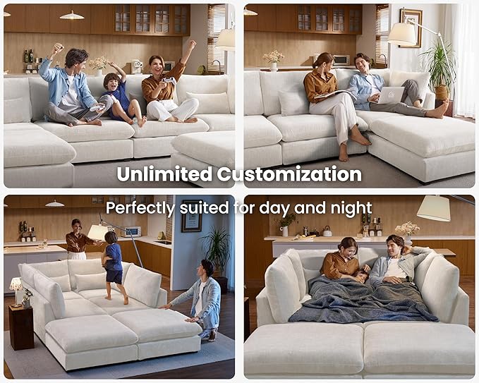Oversized Modular Sofa, Extra Deep Cloud Chenille Sectional Couch with Ottoman Chaise, Fluffy Chenille 2 Seater Sofa Bed for Living Room, Villa (Sofa Bed 4 Seater, Chenille White)