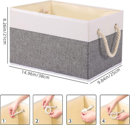Yawinhe Foldable Storage Baskets for Shelves, Fabric Storage Cubes with Rope Handle, Closet Organizers for Clothes, 3-Pack, 14.96''Lx9.84''Wx8.26''H, White/Grey