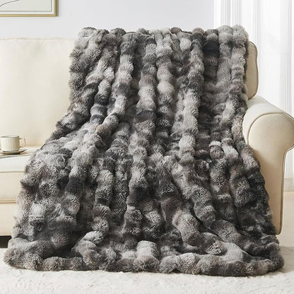 Lotus Karen Faux Fur Blanket Tie-Dye Dark Gray Twin Size - Big Bubble Rabbit Fluff Throw for Couch Small Fluffy Fuzzy Cozy Thick Furry Plush Shaggy Blankets 90x90 Inches