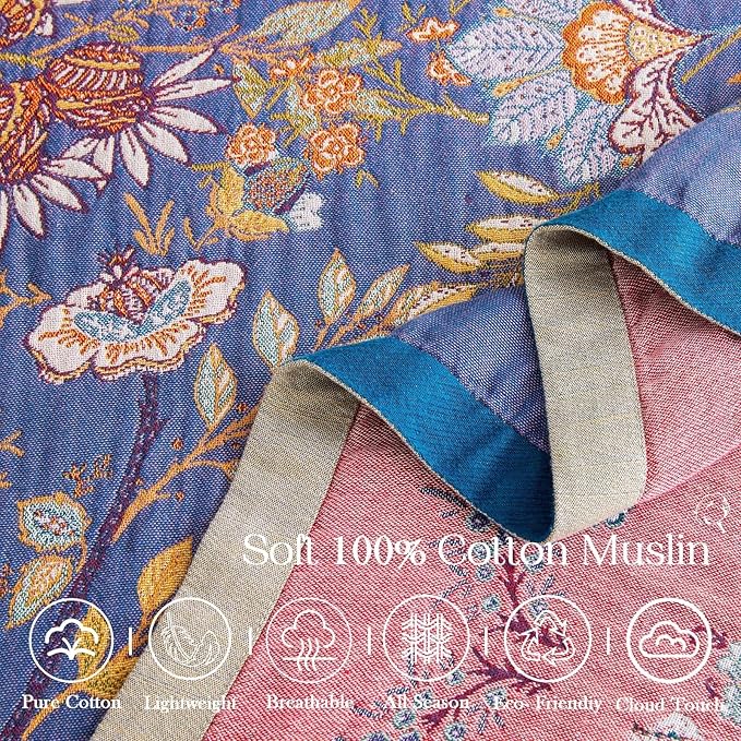 Boho Blanket, 100% Cotton Farmhouse Decorative Throw Blanket, 50"x60" Reversible Bohemian Throw Blanket, Purple All Season Muslin Breathable Woven Blankets Quilt