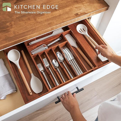Premium Silverware, Flatware and Utensil Organizer for Kitchen Drawers, Expandable 14.5 to 25 Inches Wide, 10 Compartments, Food-Safe Premium Acacia Wood Finish Kitchen Storage Tray