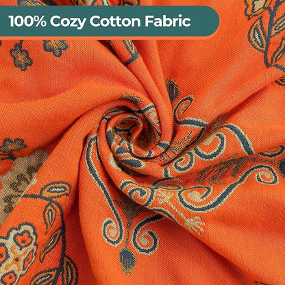 Fall Throw Blanket for Couch Bed Chair,100% Cotton Soft Lightweight Blanket Rustic Quilt -Orange Floral Printed Farmhouse Decor Bed All Season Blankets,60"×80"