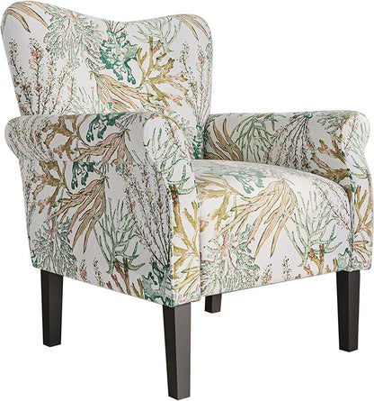BELLEZE Modern Accent Chair for Living Room, High Back Linen Armchair with Wooden Legs, Upholstered Wingback Side Chair Padded Armrest Single Sofa for Living Room, Bedroom - Allston (Green Coral)
