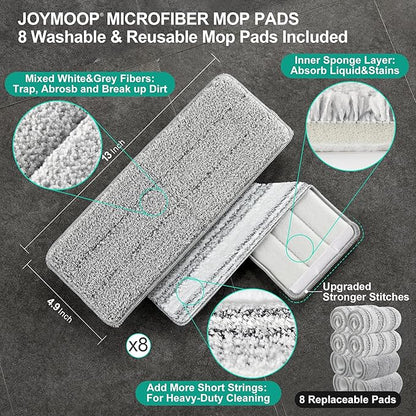 JOYMOOP Mop and Bucket with Wringer Set, Hands Free Flat Floor Mop and Bucket, with 8 Washable Microfiber Pads, Wet and Dry Use, Floor Cleaning System