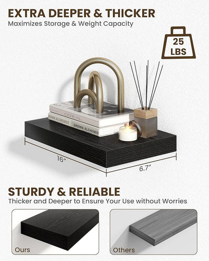 Marsmiles 16" Floating Shelves for Wall, Wooden Shelves with Invisible Brackets Set of 2, Rustic Farmhouse Wall Mounted Shelf for Kitchen Bathroom Living Room Study, Black