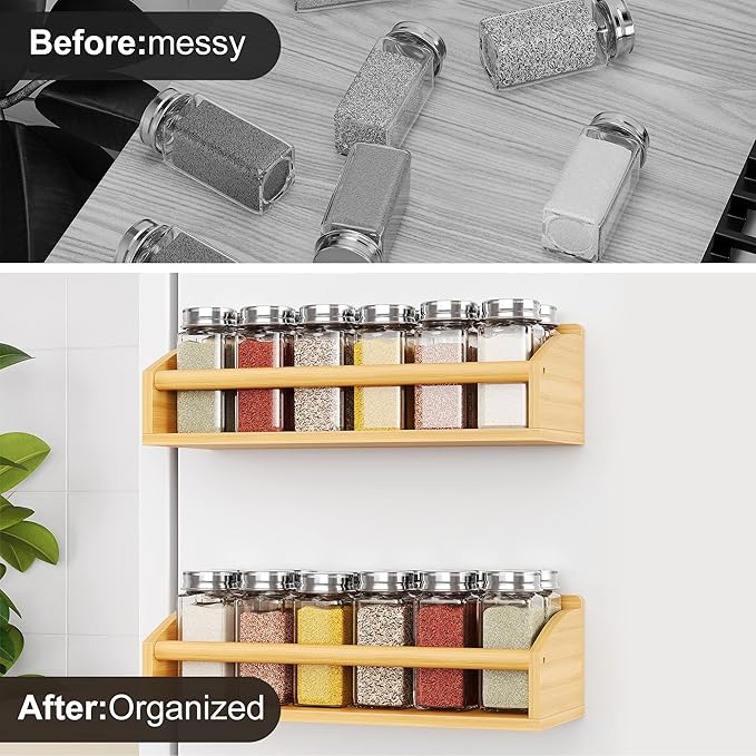 2 Pack Magnetic Spick Rack for Refrigerator, Fridge Organizer Shelf, Bamboo Wood