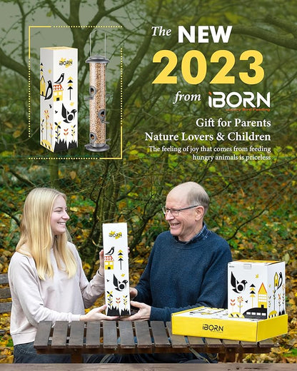 iBorn Metal Bird Feeder Hanging Wild Bird Seed Feeder for Mix Seed Blends Heavy Duty All Metal Silver Finish,14 Inch 6 Port(Seed is not Included)