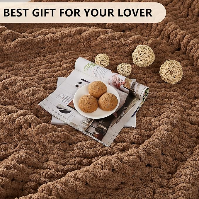 L'AGRATY Chunky Knit Blanket - Soft Chenille Yarn Throw - 60x80: Handmade Thick Cable Knit Crochet Blanket for Couch, Sofa, Bed & Home Decor