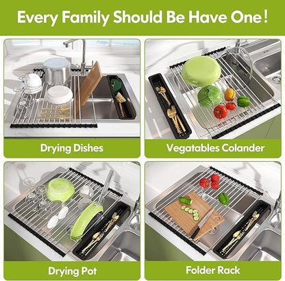 Dish Drying Rack, Roll Up Dryer Rack for Inside Sink, Expandable (12.8"-23.8" D x 15.5" W) 304 Stainless Steel Dish Drainers for Kitchen Counter, Over Sink Cover with Utensil Holder