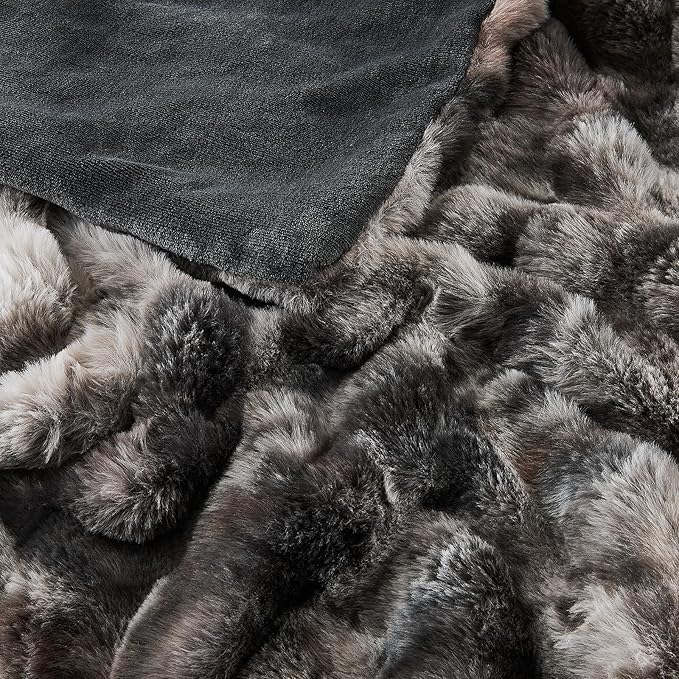 Lotus Karen Faux Fur Throw Blanket Tie-Dye Dark Gray - Big Bubble Rabbit Fluff Blanket for Couch, Small Fluffy Fuzzy Cozy Blanket, Thick Furry Plush Shaggy Blankets, 50x60 Inches