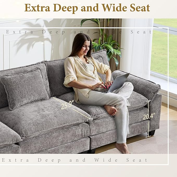 URRED Modular Sectional Sofa Comfy Cloud Couch, Modern Chenille Sofa Sleeper Deep Seat Couches with Ottoman/Pillows for Living Room (Gray, 117''- L Shape)
