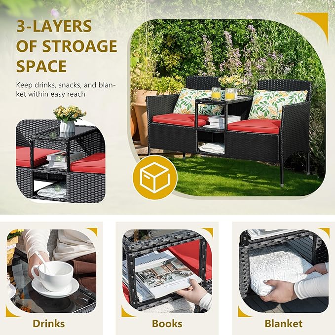 Flamaker Outdoor Furniture Patio Loveseat Wicker 2-Seat with Built-in Table and Cushions Rattan Porch Chairs Bench for Balcony, Lawn, Backyard (Red)