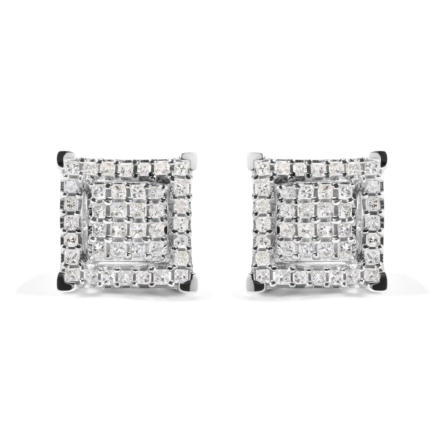 10K White Gold 1 1/4 Cttw Princess Diamond Composite Double Square and Halo Stud Earrings (I-J Color, I1-I2 Clarity)