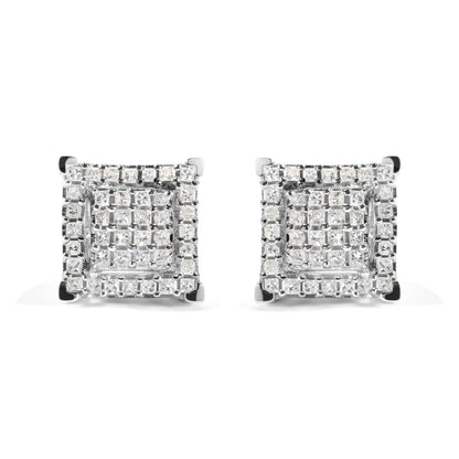 10K White Gold 1 1/4 Cttw Princess Diamond Composite Double Square and Halo Stud Earrings (I-J Color, I1-I2 Clarity)