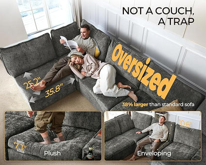 Oversized Modular Sofa Comfy Cloud Couch with Storage, Extra Deep Plush Sectional Sofa Set for Living Room, Covers Washable, Chenille, Olar (Grey, 3-Seater, Basic Shape)