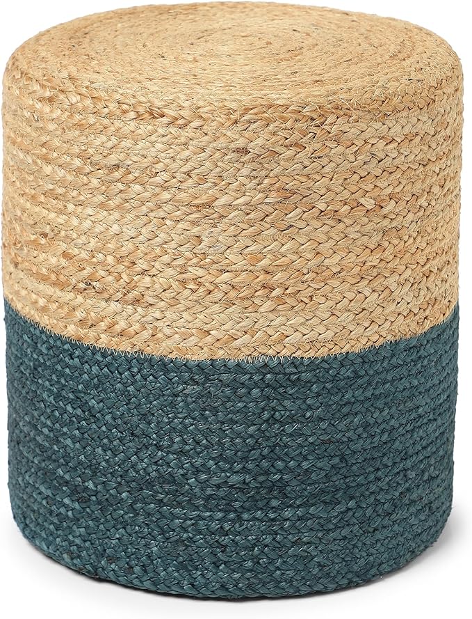 REDEARTH · Cylindrical Pouf Foot Stool Ottoman - Jute Braided Pouffe Poof Accent Sitting Footrest for Living Room, Bedroom, Nursery, Patio, Lounge (Natural Teal, 14.5"x14.5"x16")