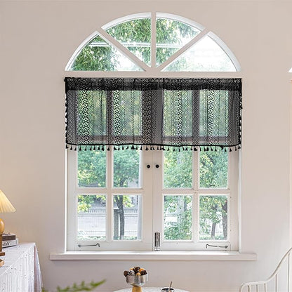 Sutuo Home Boho Valance Curtains for Kitchen Crochet Lace Sheer Bohemian Hollow Knitted with Tassels, Privacy Vintage Rustic Gothic Farmhouse Drapes, Rod Pocket 1 Panel 59" W x 18" L, Black