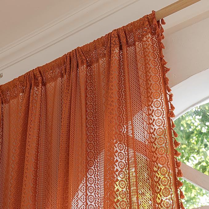 Sutuo Home Boho Curtains for Bedroom Living Room Kitchen,Crochet Lace Sheer Bohemian Hollow with Tassels,Window Treatment Drapes for Halloween Decor, Rod Pocket 1 Panel 59" W x 96" L, Burnt Orange