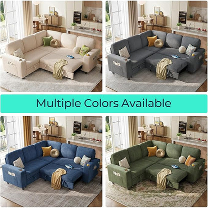 LINSY HOME Sectional Sleeper Sofa with Pull Out Couch Bed - Convertible Plush Corduroy Cloud Couch with Storage Chaise & USB Charging, Comfy L Shaped Modular Couches for Living Room Apartment, Beige
