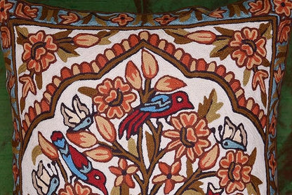 Tree of Life Pillow Cover - Gold Birds & Floral Suzani Cushions - Designer Flower Pillows - Modern Hand Embroidered Wool - Size 18x18