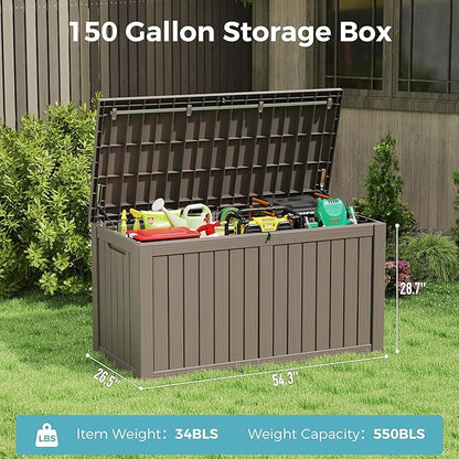 KAMABOKO Outdoor Storage Box, 150 Gallon Large Outdoor Resin Deck Box, Storage Waterproof Boxes Lockable Lid for Garden Tools, Pool Supplies, Patio Furniture and Cushions, Grey