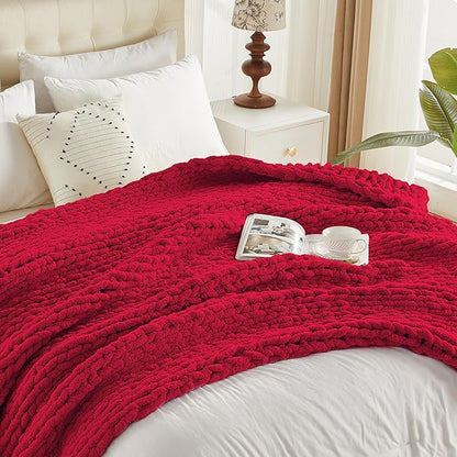 Carriediosa Chunky Knit Throw Blanket 50" X 60", 100% Hand Made Large Chenille Loop Yarn Soft Fluffy Throws for Couch Sofa Bed, Big Crochet Cozy Heavy Thick Cable Woven Blankets, Red