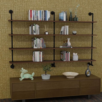 Industrial Pipe Wall Shelves Pipe Shelving with Real Wood Plank,60 Inches Floating Shelves for Wall Farmhouse Pipe Book Shelves Dark Brown 4 Tier for Kitchen,Living Room Decor and Bar Shelving