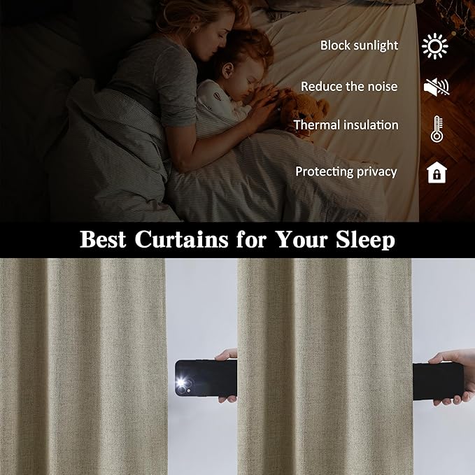 RAIN CITY 104 Inch Long Blackout Curtains for Living Room,Full Light Blocking Linen Blend Curtains with Hooks,Pinch Pleat Look Curtains for Office Bedroom Apartment,2 Panels,Taupe