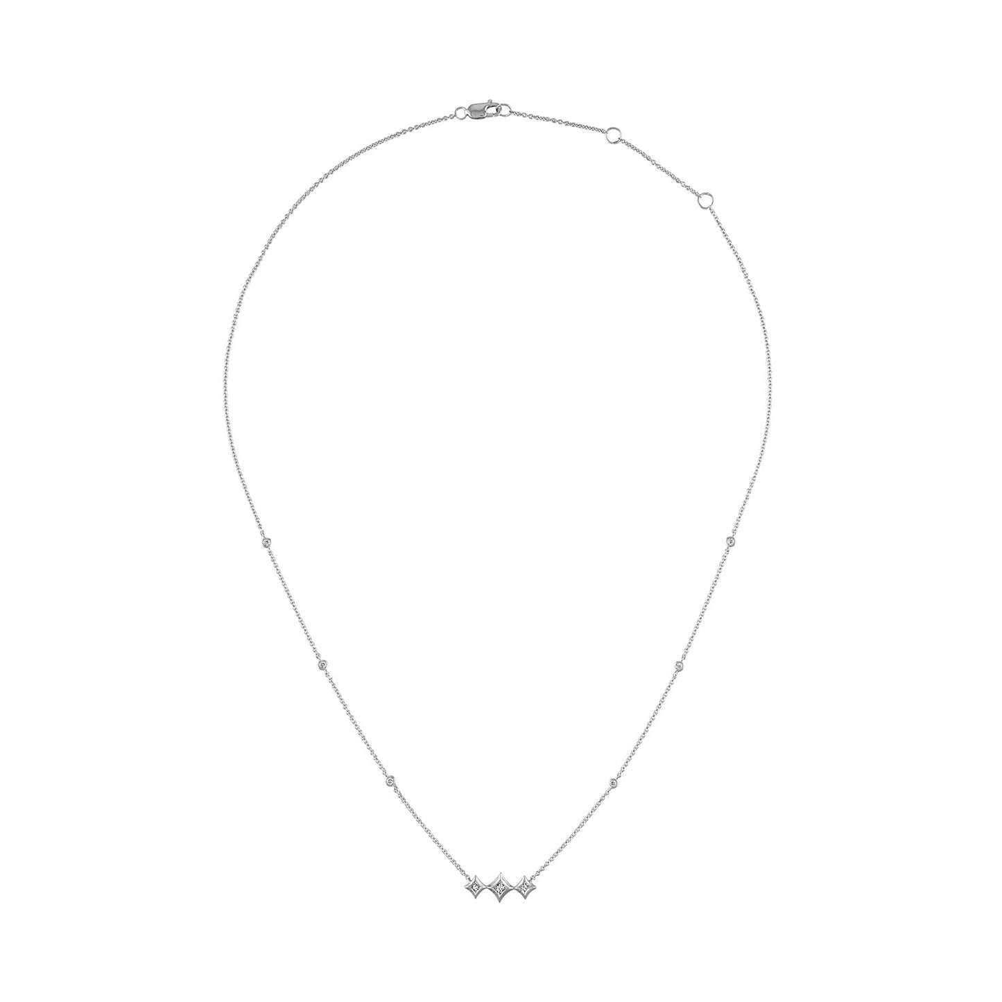 10K White Gold Bezel Set Princess Diamond 3 Stone Kite Shape and Station Necklace (H-I Color, SI2-I1 Clarity) - 18" Inches