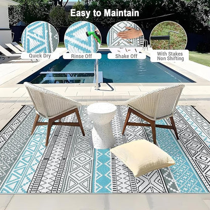GAOMON Outdoor Plastic Straw Rug, 10'x20' Reversible Sage Green Patio Mat, Flower Modern Design for RV, Backyard, Deck, Camping, Picnic, Blue/Grey(Bohemia)